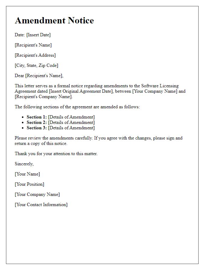 Letter template of software licensing agreement amendment notice