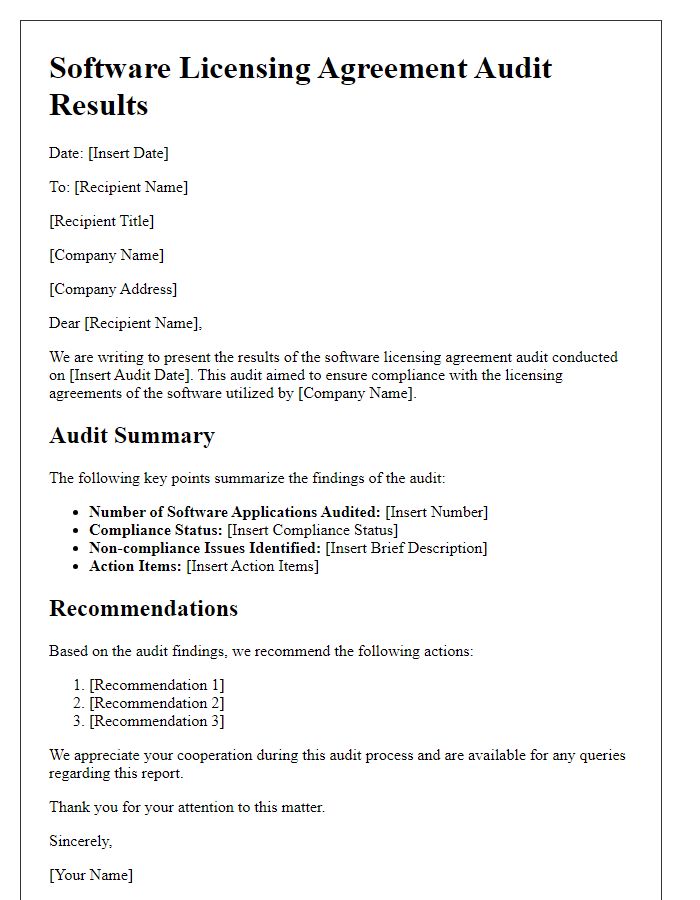 Letter template of software licensing agreement audit results
