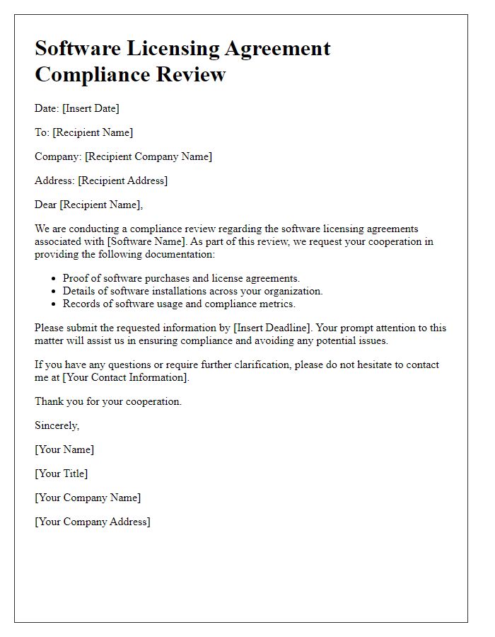 Letter template of software licensing agreement compliance review