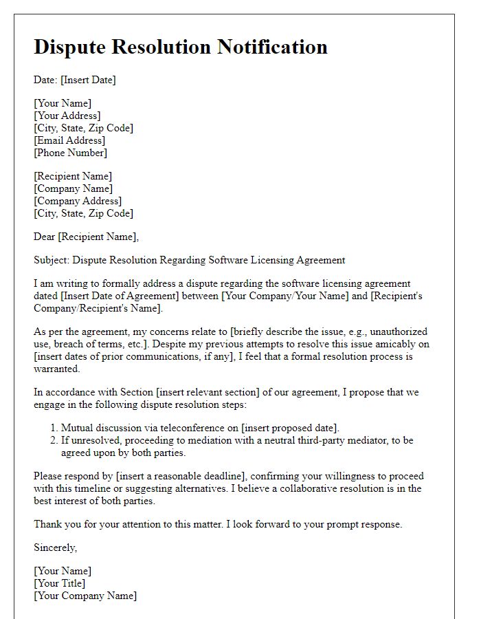 Letter template of software licensing agreement dispute resolution