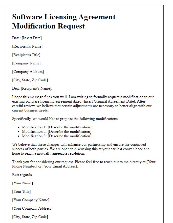Letter template of software licensing agreement modification request