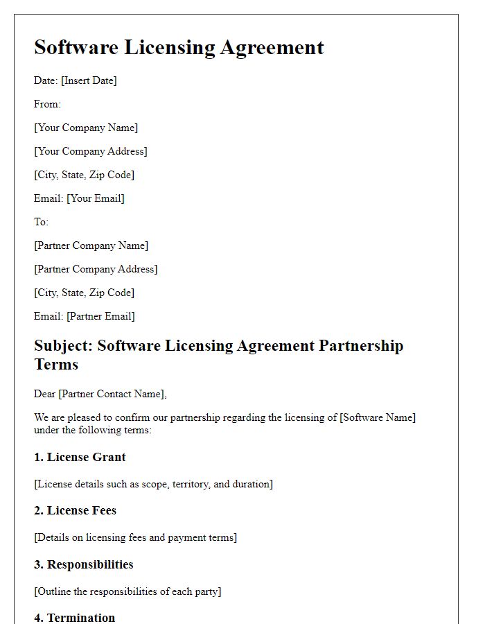 Letter template of software licensing agreement partnership terms