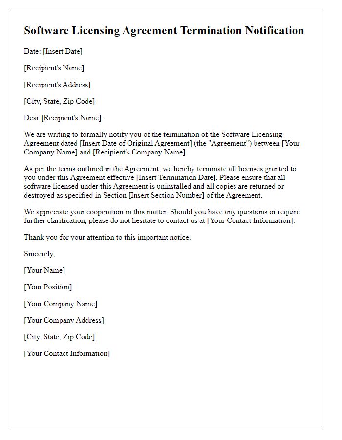 Letter template of software licensing agreement termination notification