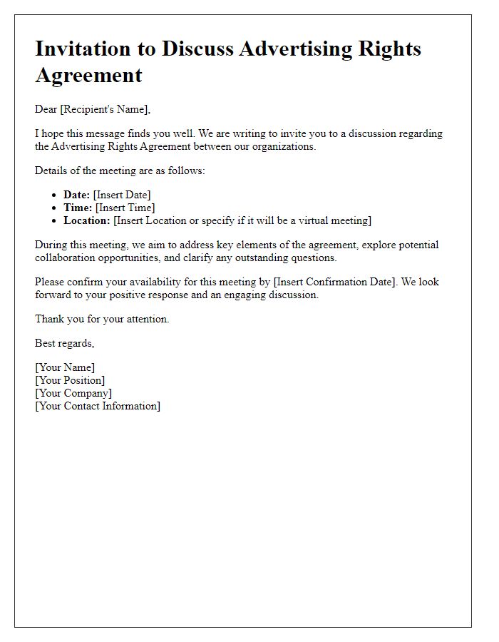 Letter template of Advertising Rights Agreement Discussion Invitation