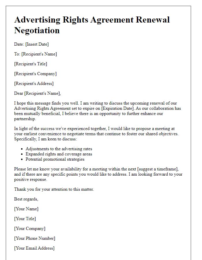 Letter template of Advertising Rights Agreement Renewal Negotiation