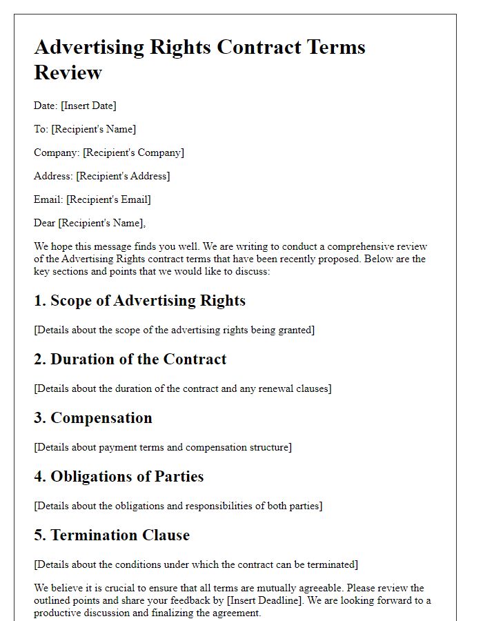 Letter template of Advertising Rights Contract Terms Review