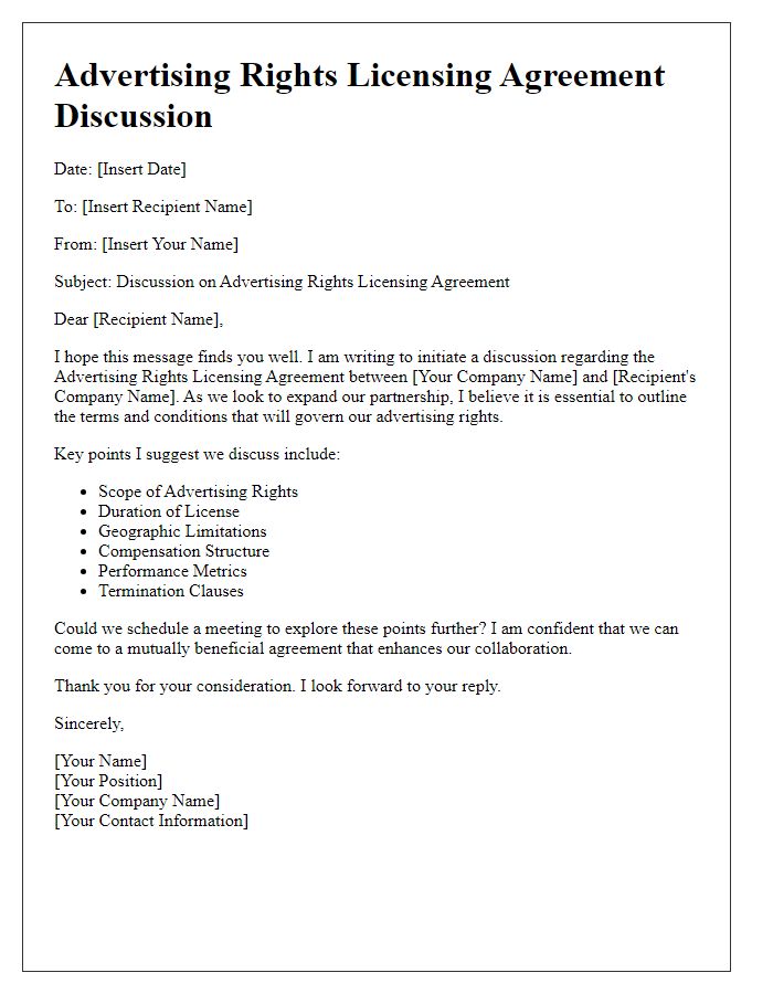 Letter template of Advertising Rights Licensing Agreement Discussion