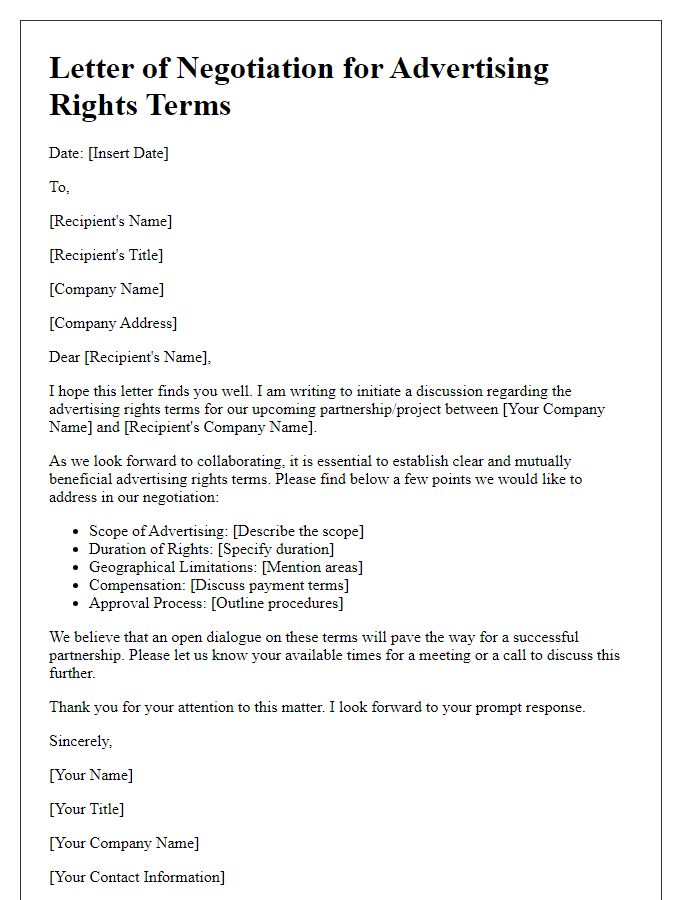 Letter template of Advertising Rights Terms Negotiation