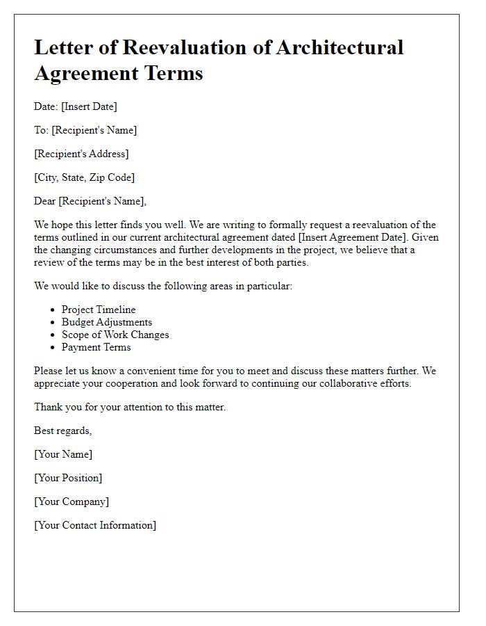 Letter template of architectural agreement terms reevaluation