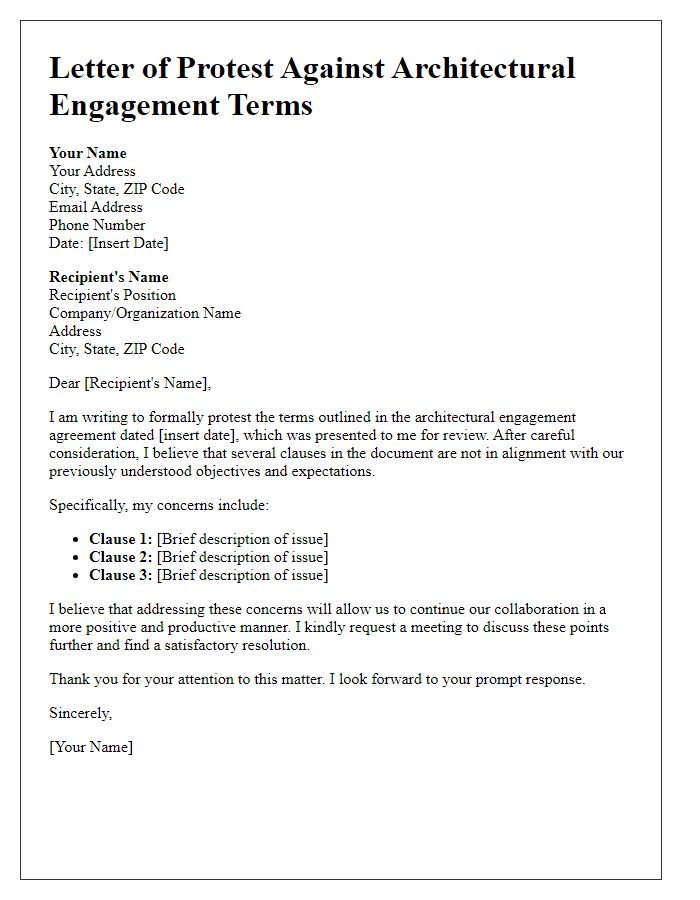 Letter template of architectural engagement terms protest