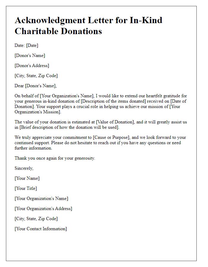 Letter template of acknowledgment for in-kind charitable donations