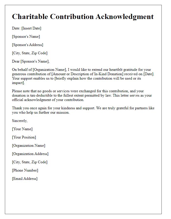 Letter template of charitable contribution acknowledgment for sponsors