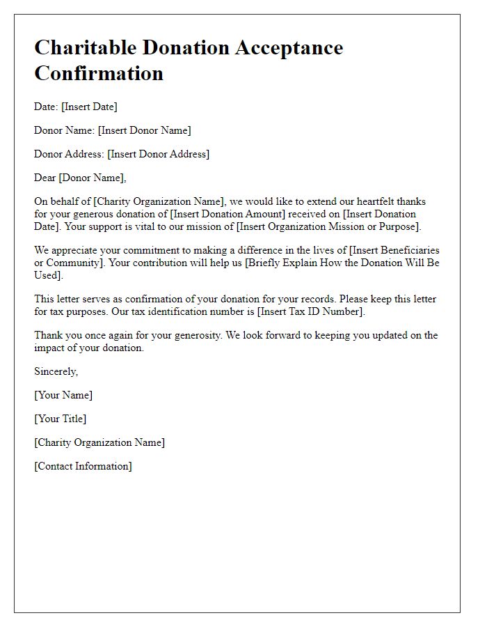 Letter template of charitable donation acceptance confirmation