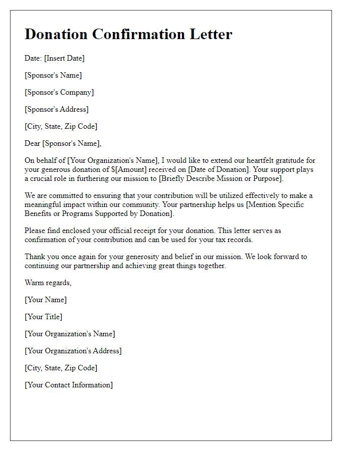 Letter template of donation confirmation for corporate sponsors