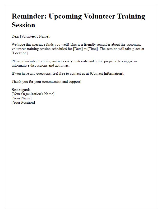 Letter template of reminder for volunteer training session