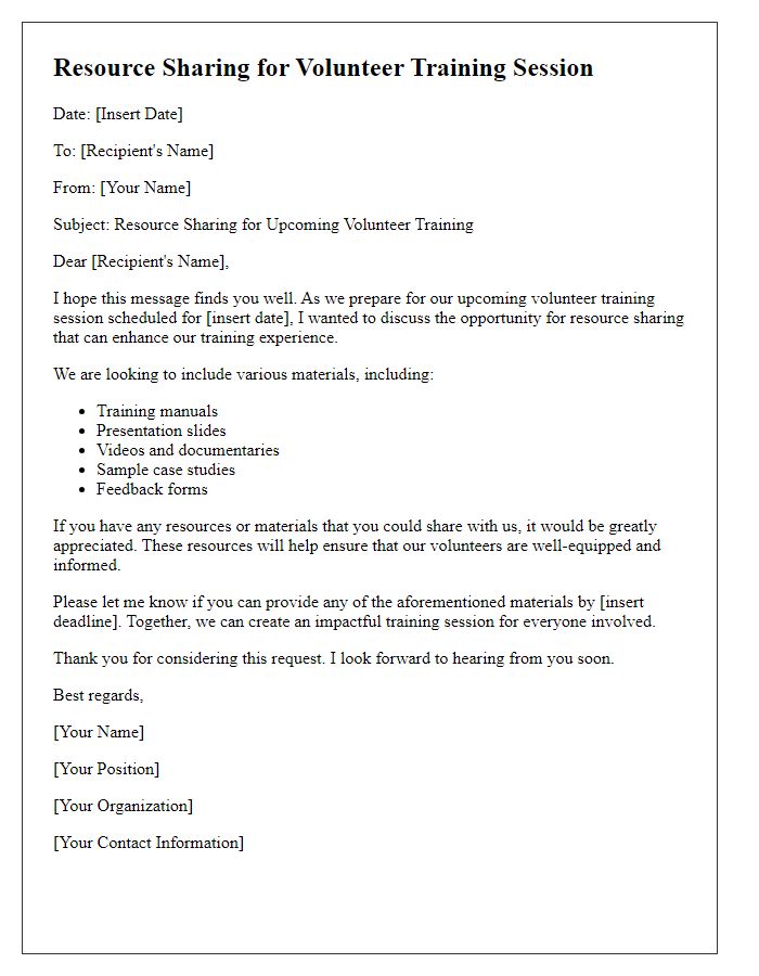 Letter template of resource sharing for volunteer training session