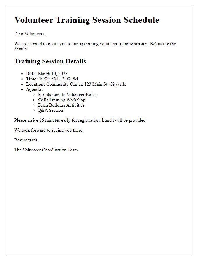 Letter template of schedule details for volunteer training session