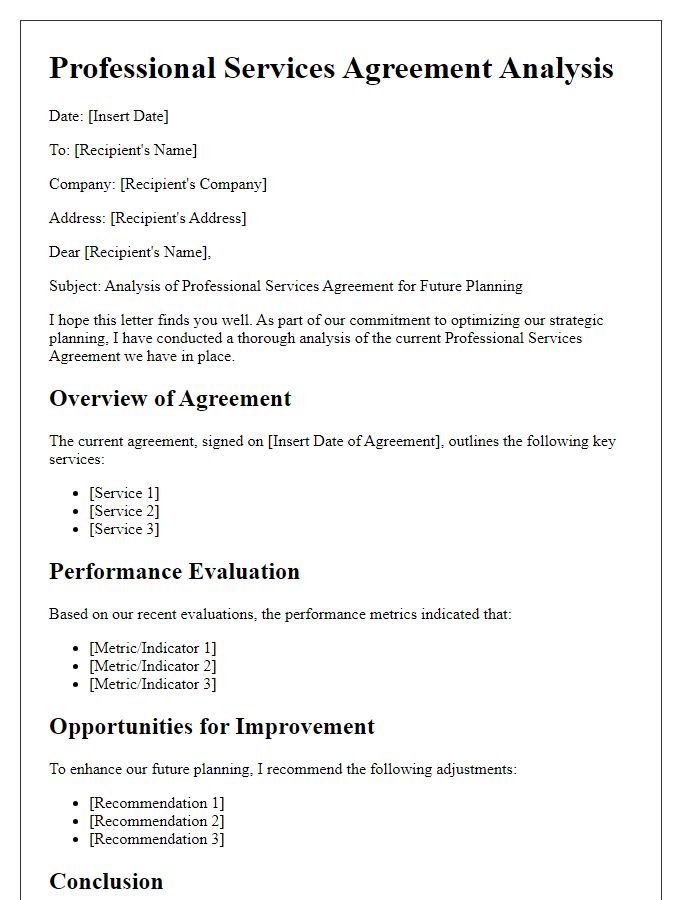 Letter template of professional services agreement analysis for future planning.