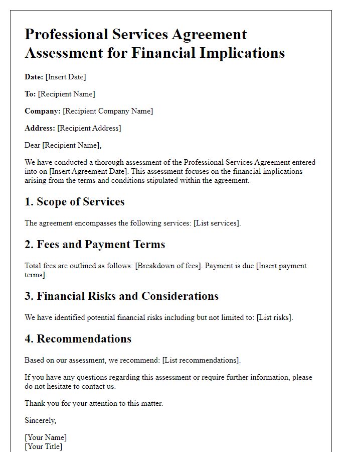 Letter template of professional services agreement assessment for financial implications.