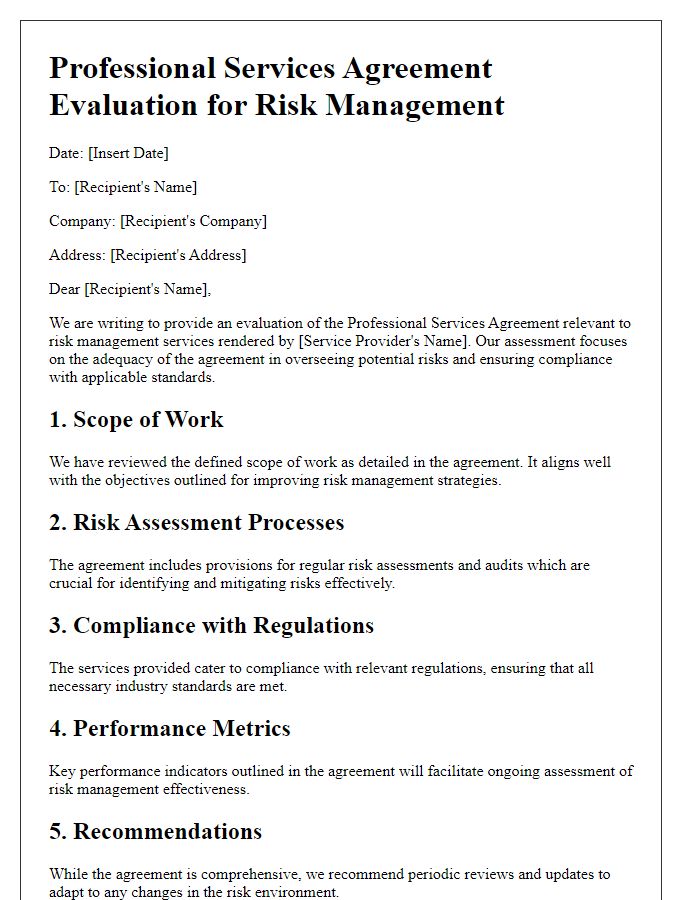 Letter template of professional services agreement evaluation for risk management.