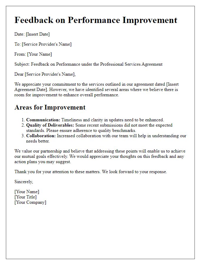 Letter template of professional services agreement feedback for performance improvement.