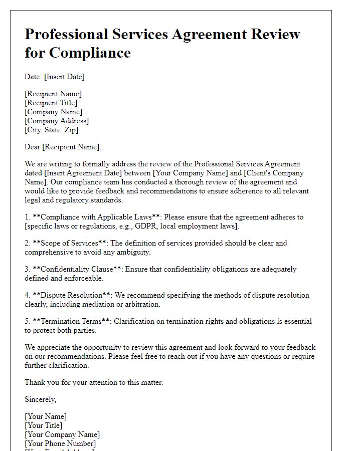 Letter template of professional services agreement review for compliance.