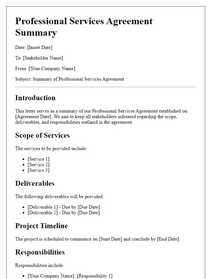 Letter template of professional services agreement summary for stakeholder communication.