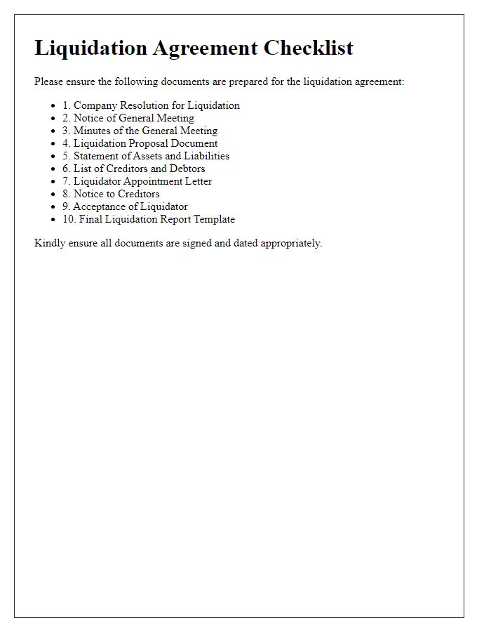 Letter template of liquidation agreement checklist for document preparation.