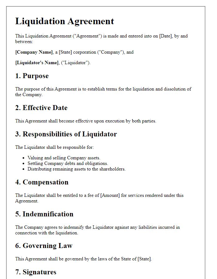 Letter template of liquidation agreement essentials for business dissolution.