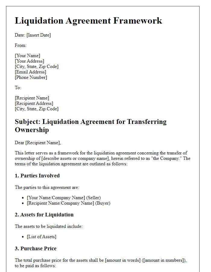 Letter template of liquidation agreement framework for transferring ownership.