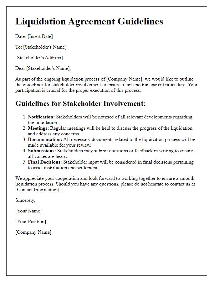 Letter template of liquidation agreement guidelines for stakeholder involvement.