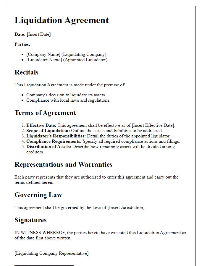 Letter template of liquidation agreement outline for compliance requirements.