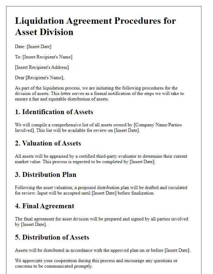 Letter template of liquidation agreement procedures for asset division.