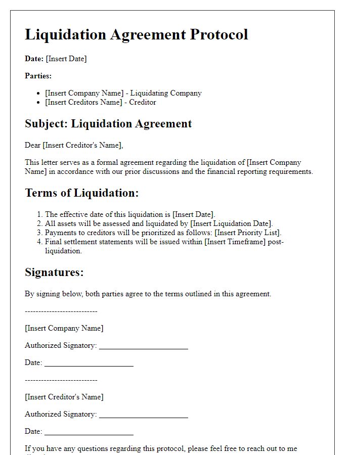 Letter template of liquidation agreement protocol for financial reporting.