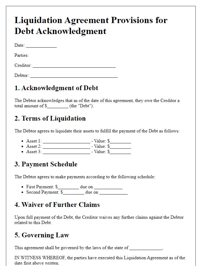 Letter template of liquidation agreement provisions for debt acknowledgment.