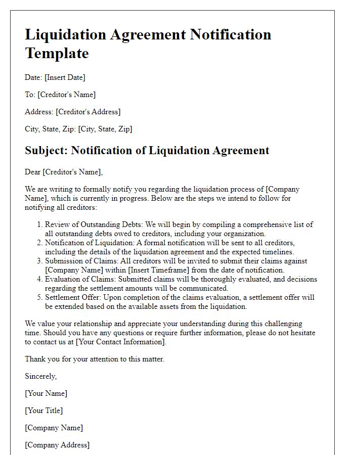 Letter template of liquidation agreement steps for creditor notifications.