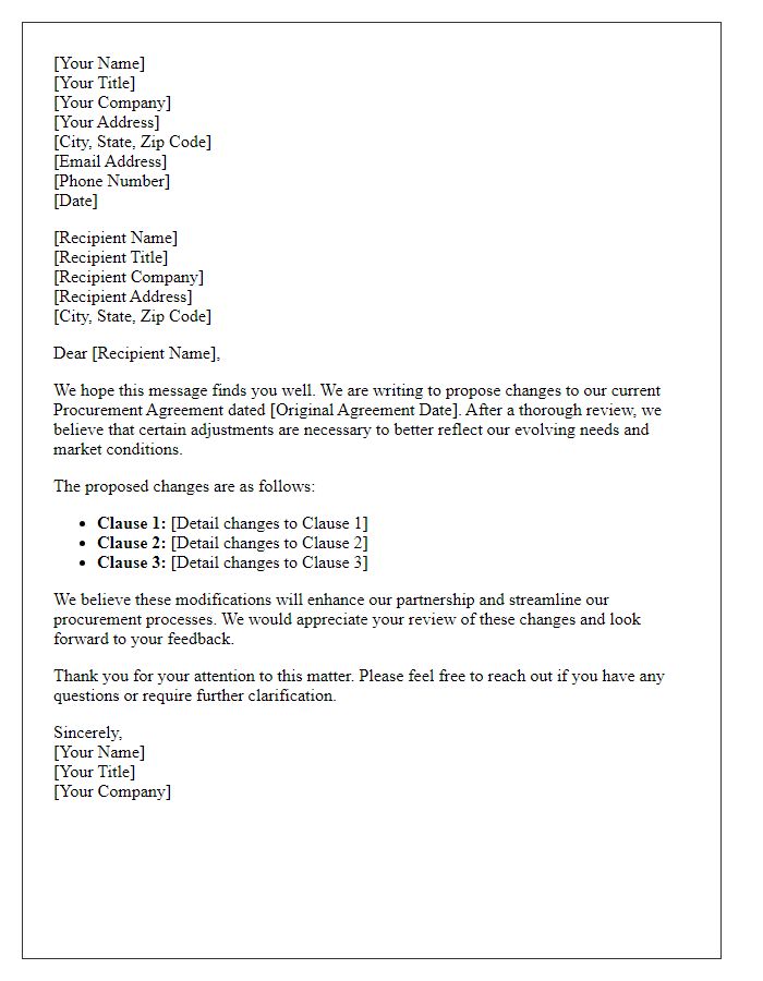 Letter template of Changes to Procurement Agreement Proposal