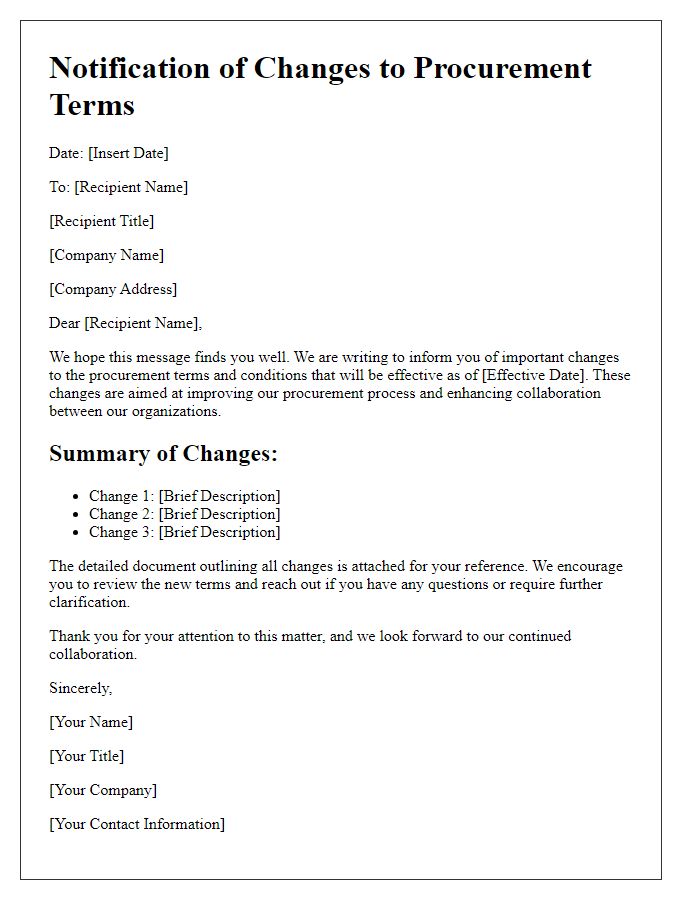 Letter template of Notification of Changes to Procurement Terms