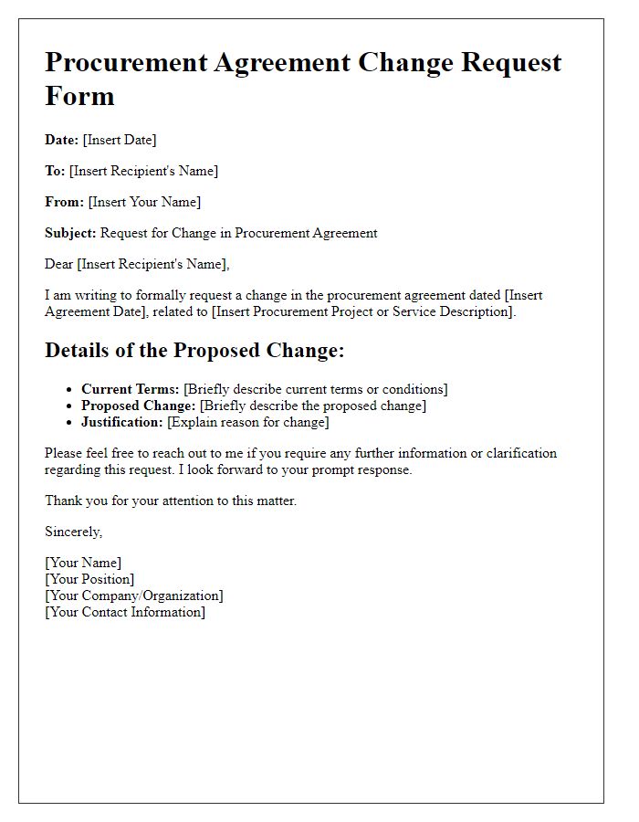 Letter template of Procurement Agreement Change Request Form