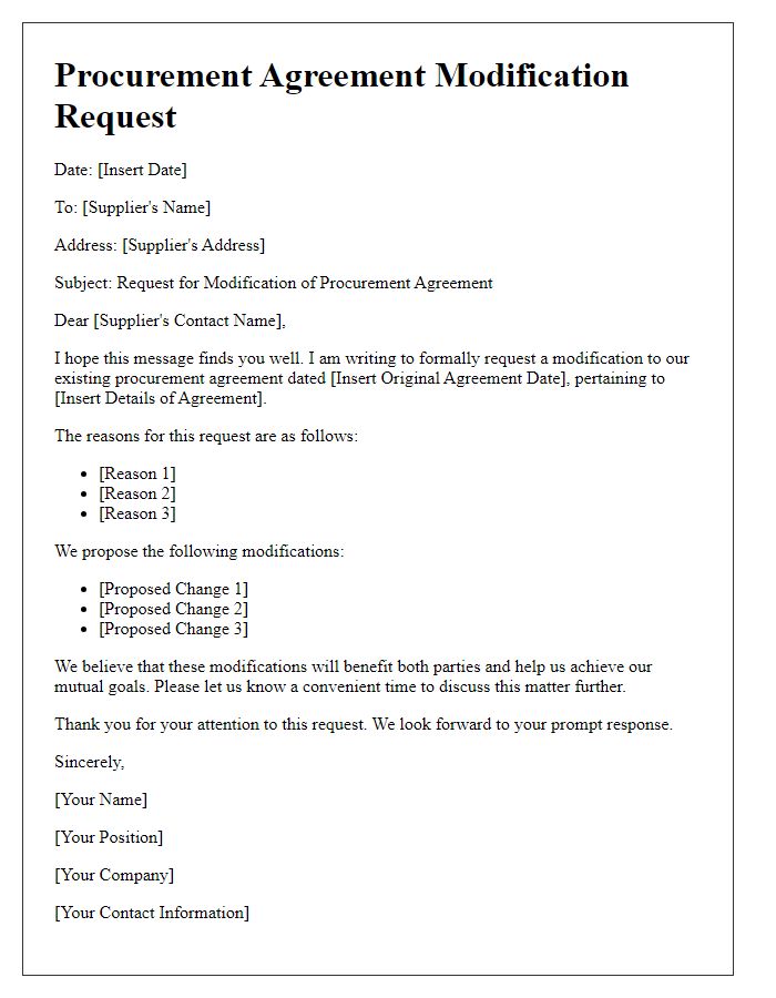 Letter template of Procurement Agreement Modification Request