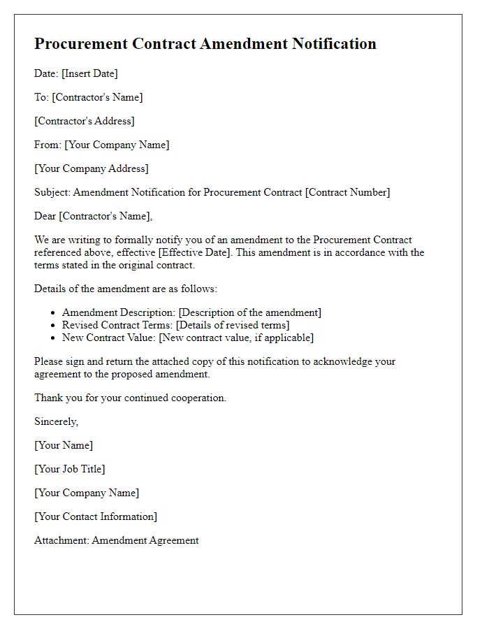 Letter template of Procurement Contract Amendment Notification