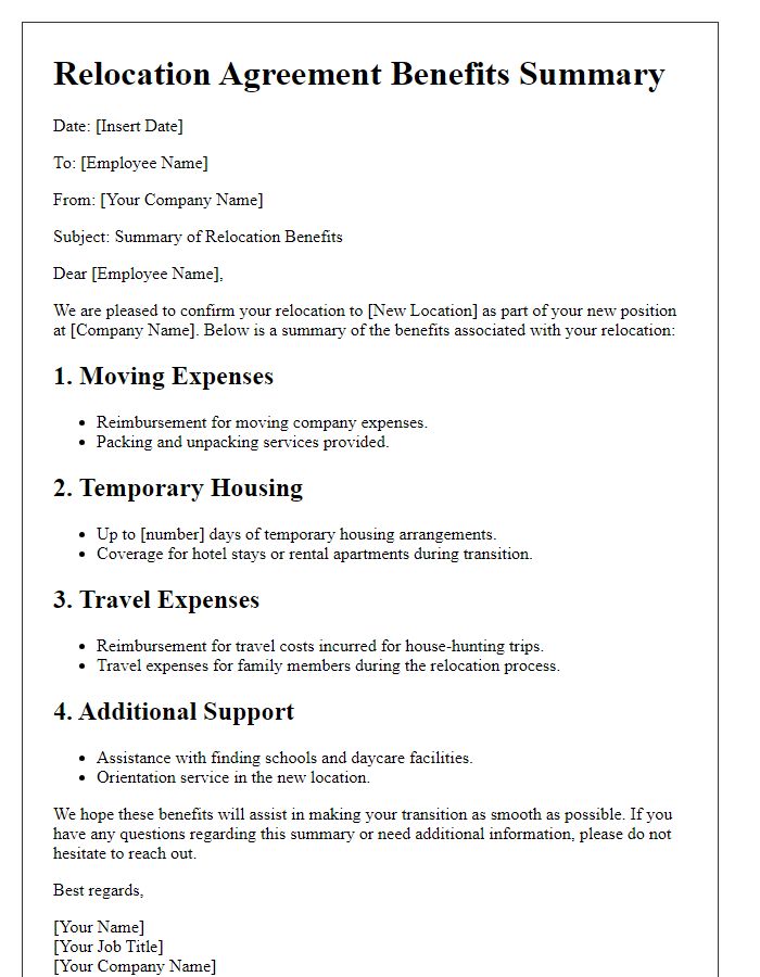 Letter template of relocation agreement benefits summary