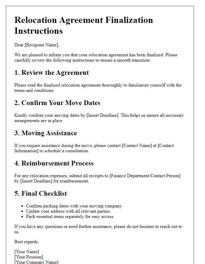 Letter template of relocation agreement finalization instructions