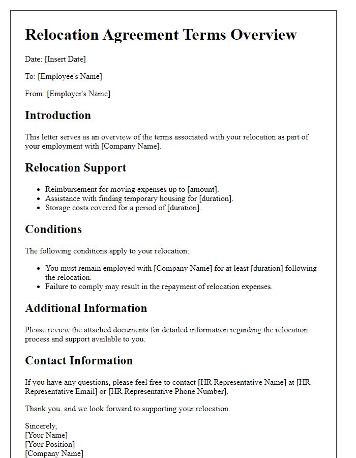 Letter template of relocation agreement terms overview