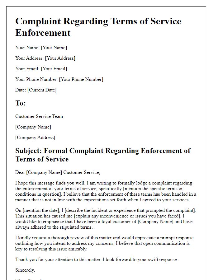 Letter template of complaint about terms of service enforcement