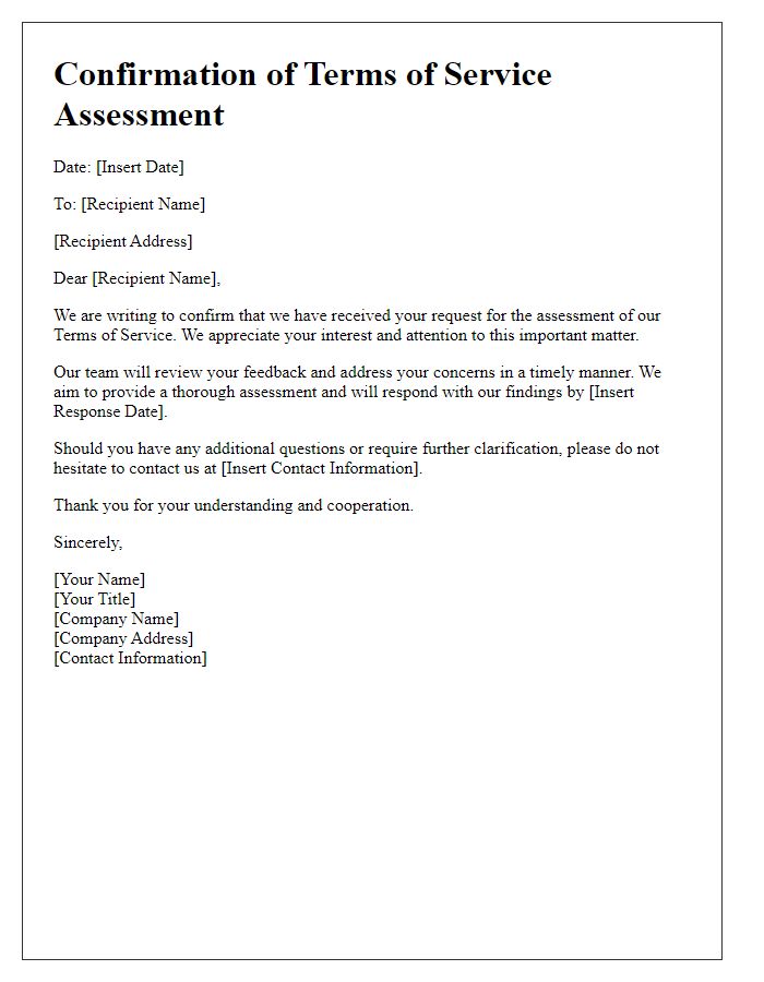 Letter template of confirmation for terms of service assessment