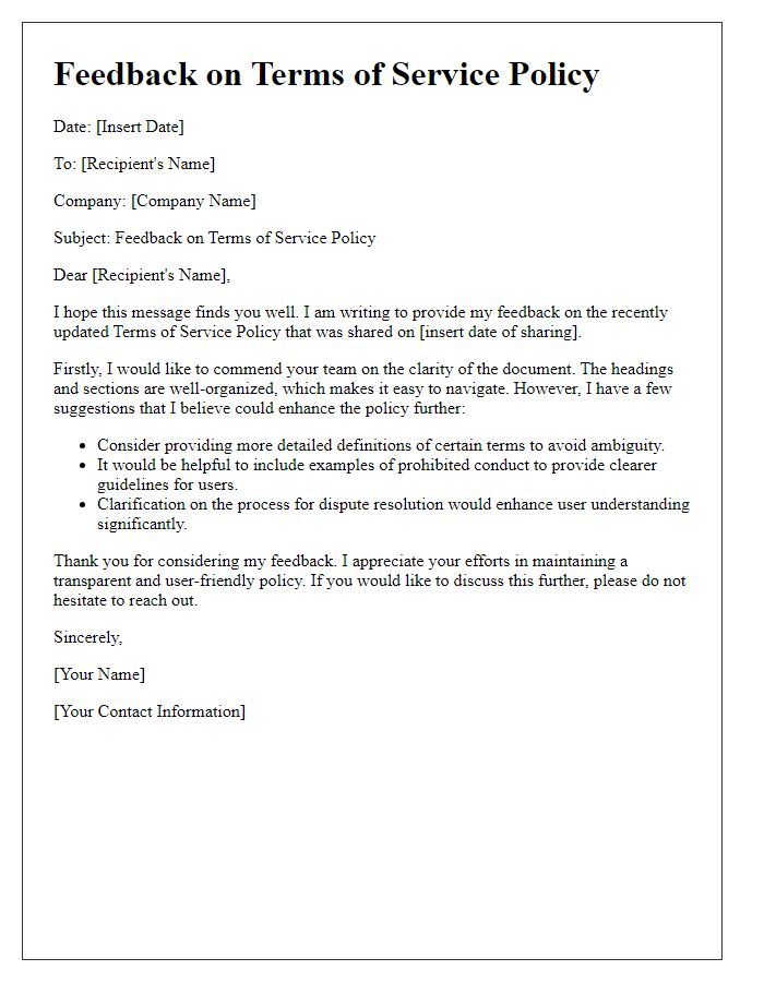 Letter template of feedback on terms of service policy