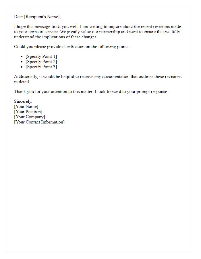 Letter template of inquiry regarding terms of service revisions