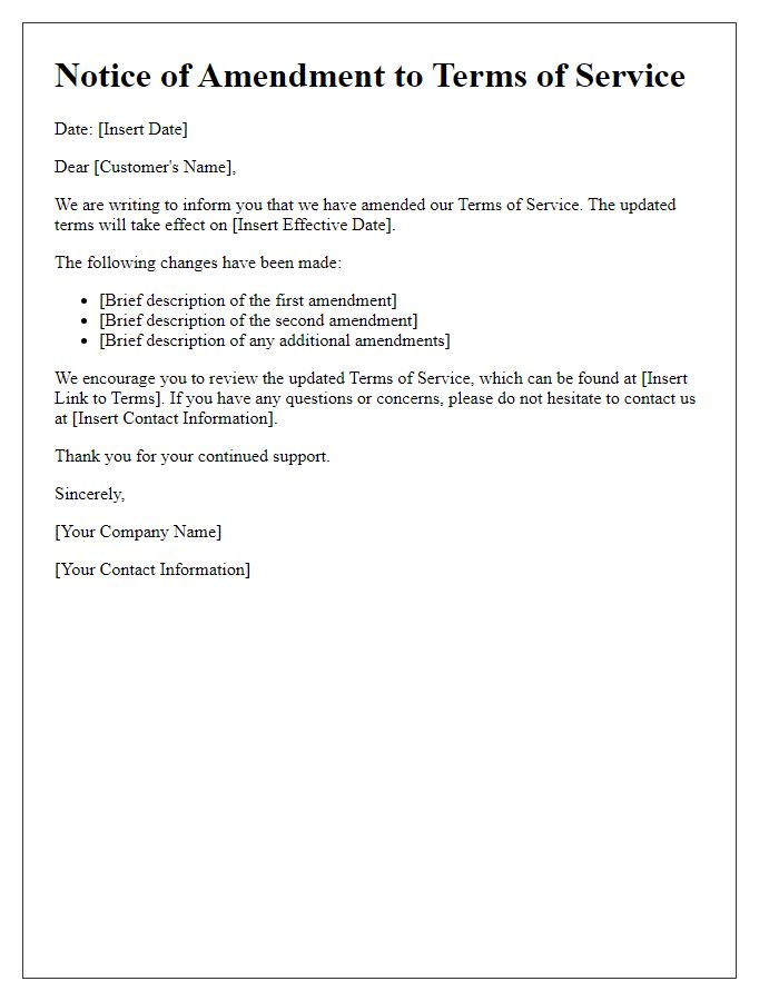 Letter template of notice for terms of service amendment