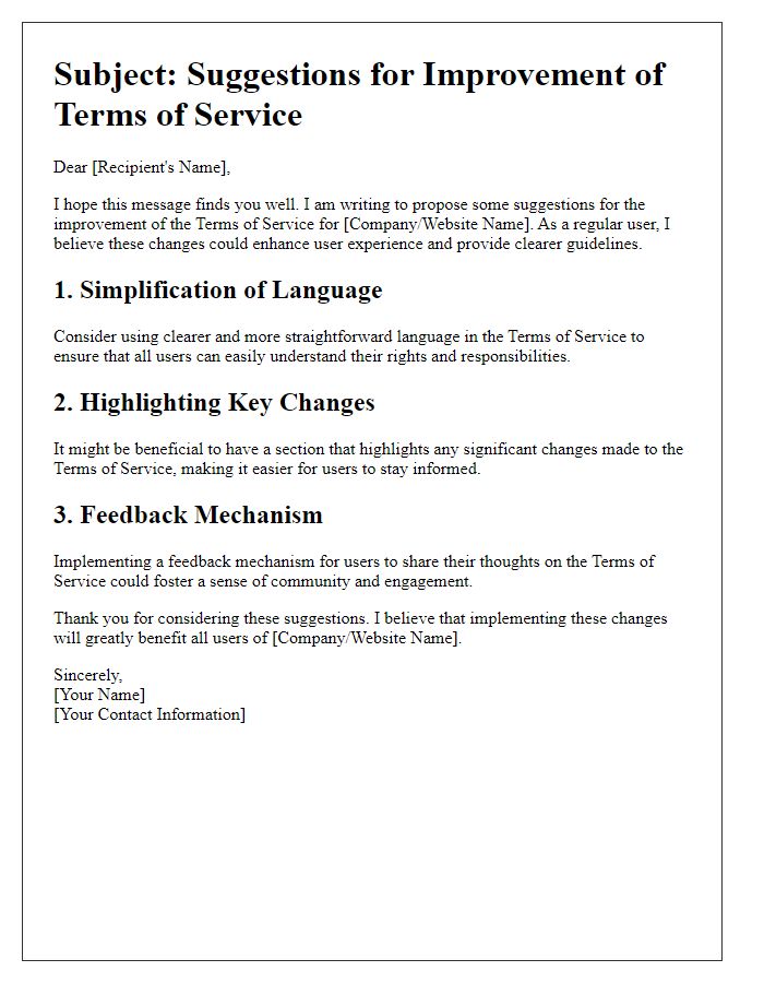 Letter template of suggestion for terms of service improvement